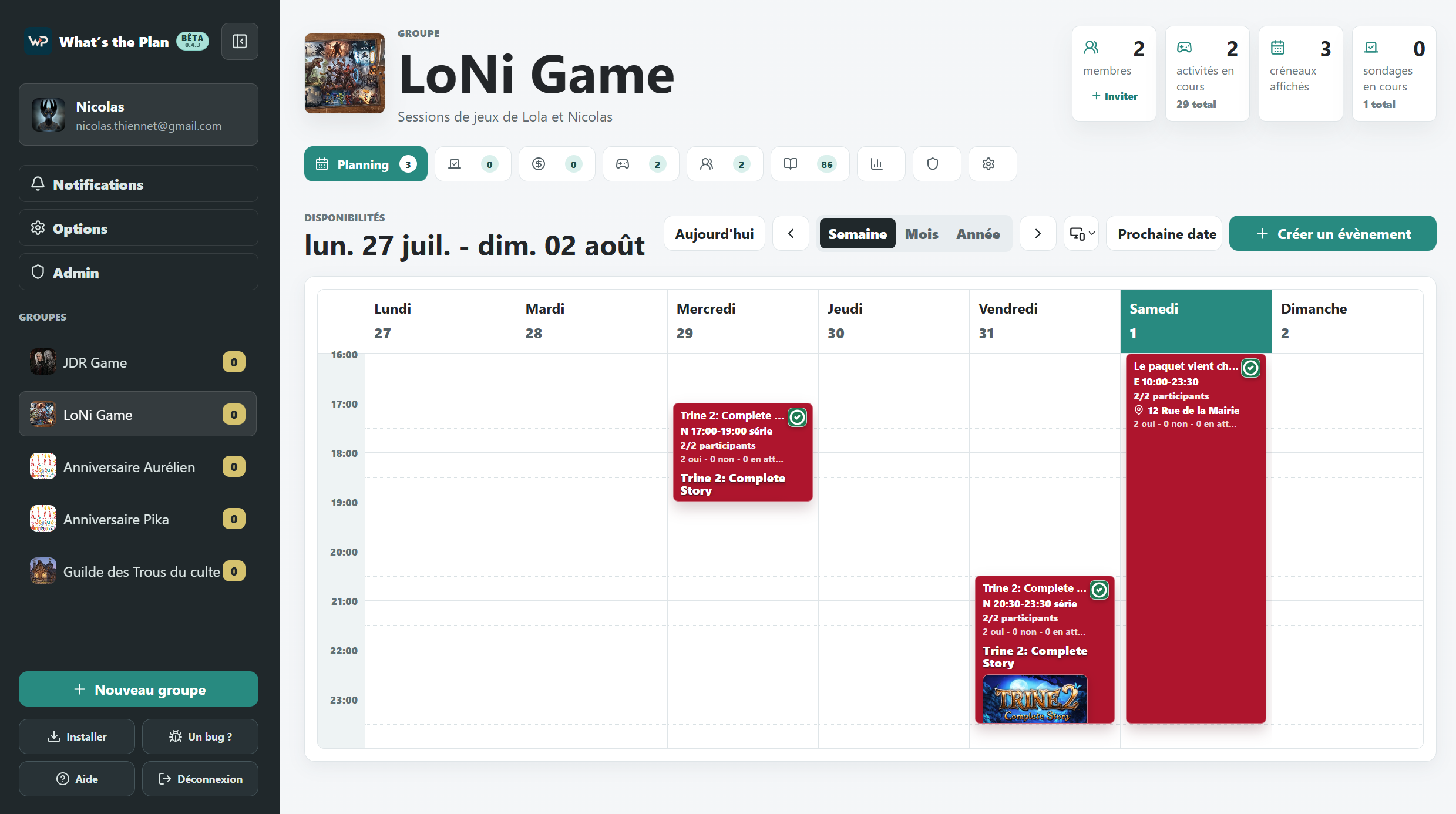 Capture du planning de WhatsPlan